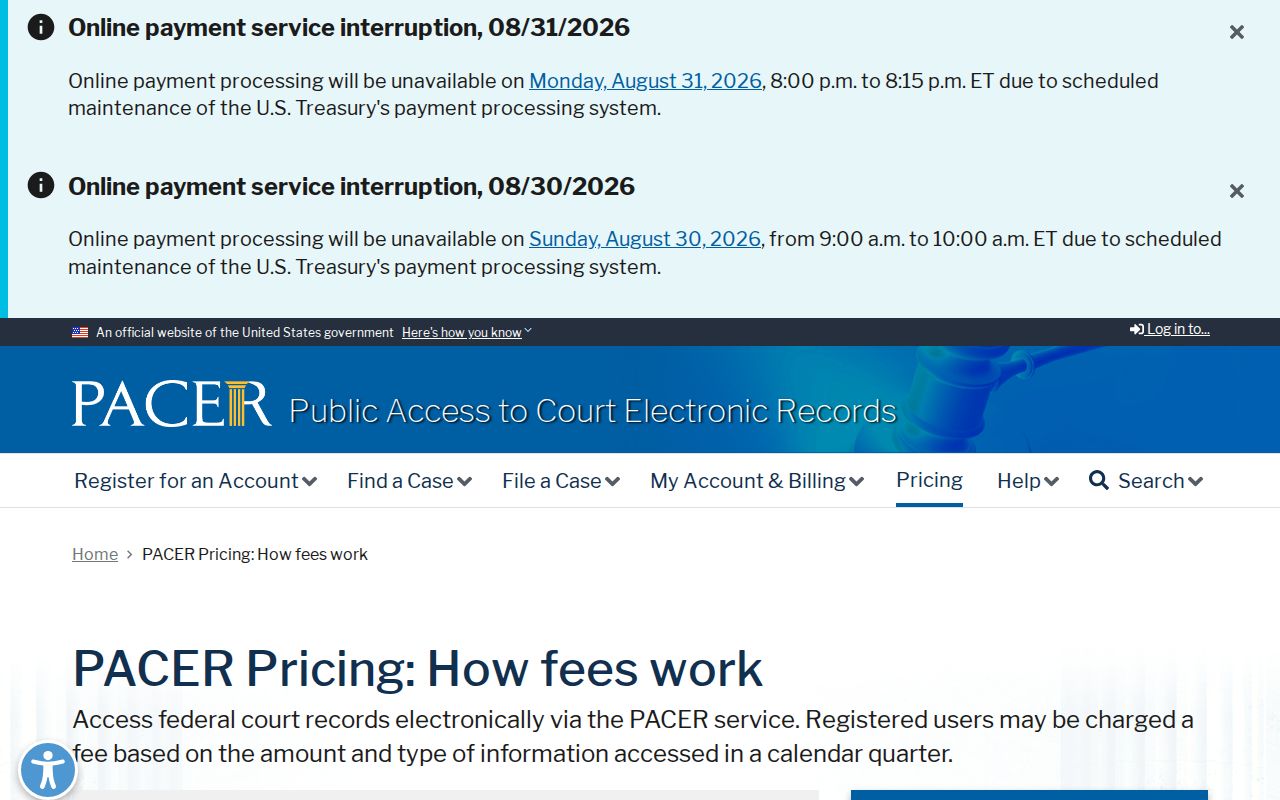 Bloomington Court Records: PACER federal docket pricing information