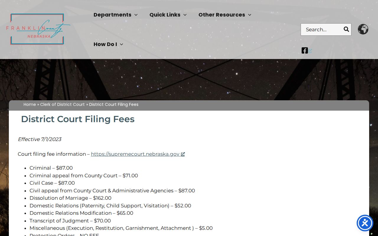Franklin County civil court docket district court filing fee page