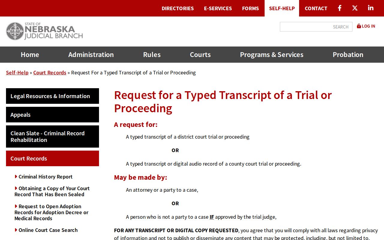 Franklin County court records reference showing Nebraska typed transcript request guidance