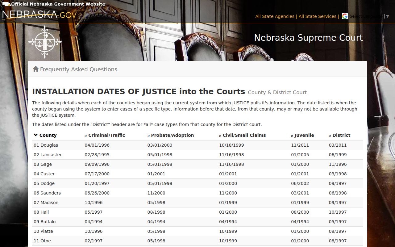 Franklin County case search reference showing JUSTICE installation dates