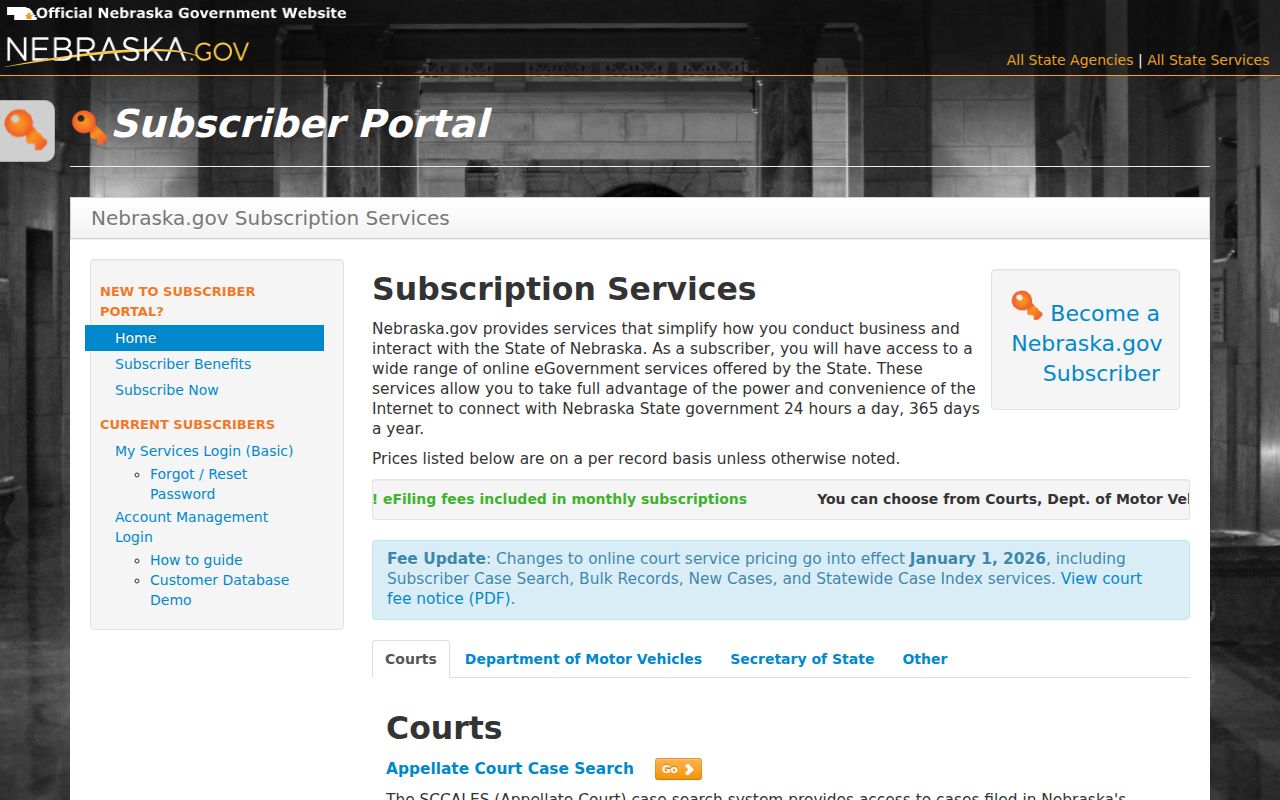 Franklin County case search reference showing Nebraska subscriber case-information access