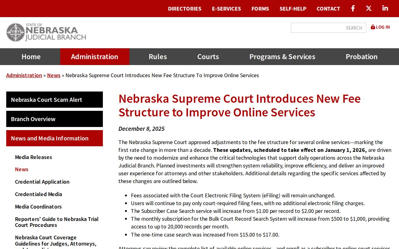 Franklin County docket search reference showing Nebraska online-service fee update