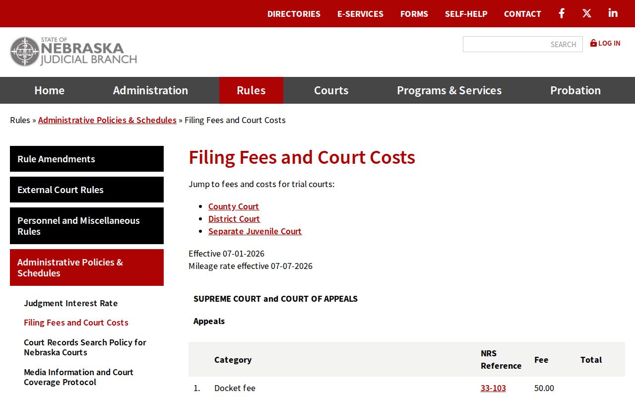 Franklin County traffic court reference showing Nebraska filing fees and court costs